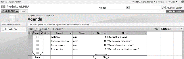 Agenda page in Datasheet view