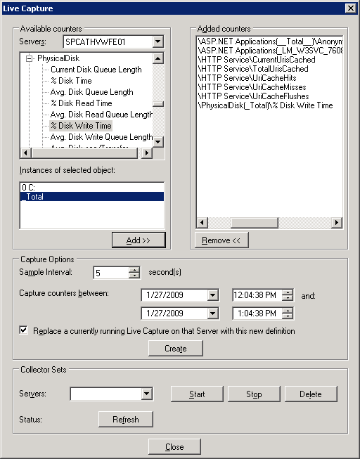 The SPDiag Live Capture dialog