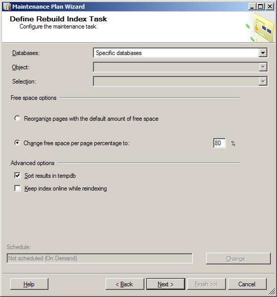 Define Rebuild Index Task page