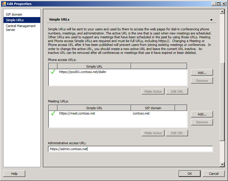 Administrative access URL dialog box