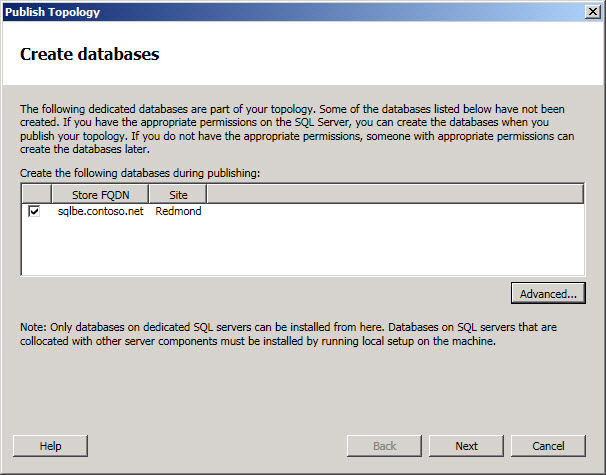 Topology Builder Create database dialog box