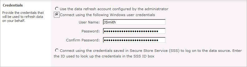 Credentials section of Configure Data Refresh page