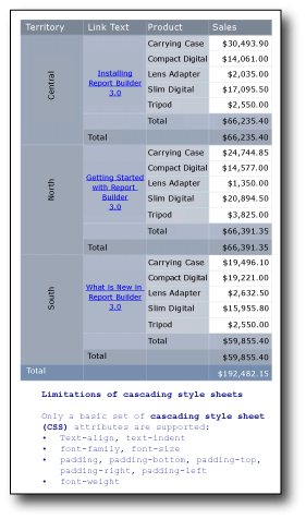 Table showing the text formats available