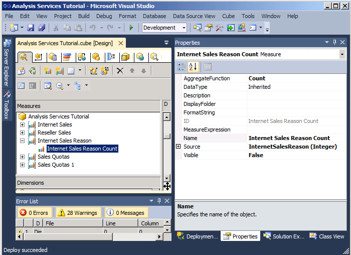 Properties for Internet Sales Reason Count measure