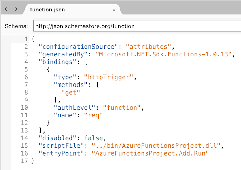 function.json file open in Visual Studio for mac