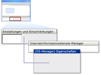 Bereich "Einstellungen" und Dialogfeld "Eigenschaften von IIS"