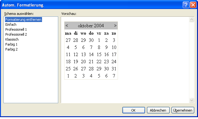 Dialogfeld "Autom. Formatierung" (Calendar-Steuerelement)