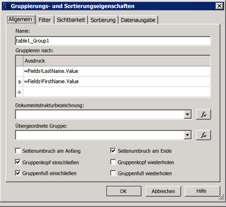 Registerkarte "Allgemein" und Seite "Gruppierungs- und Sortierungseigenschaften"