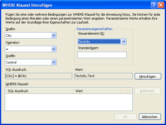 Dialogfeld "WHERE-Klausel hinzufügen"