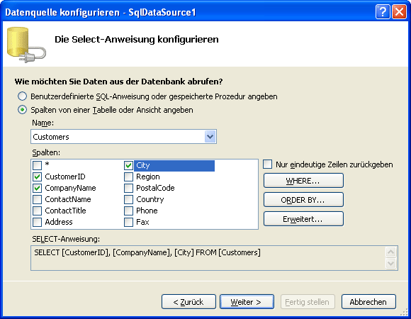 Bereich "Select-Anweisung konfigurieren"