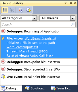 Debug History Window Diagnostic Events View