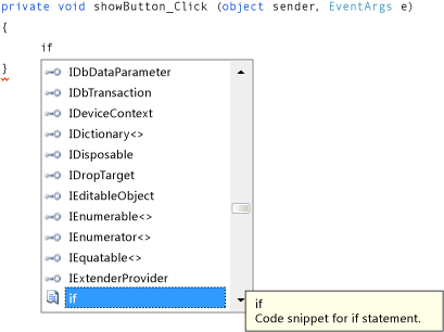 Funkce IntelliSense s kódem jazyka Visual C#