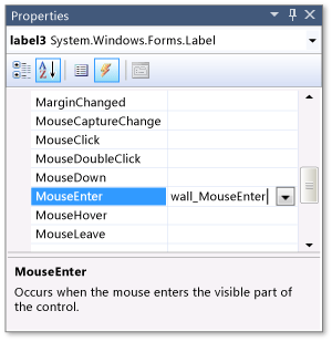Okno Vlastnosti zobrazující událost MouseEnter