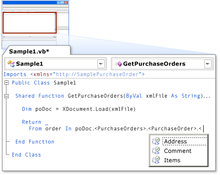 Technologie IntelliSense jazyka XML v jazyce Visual Basic