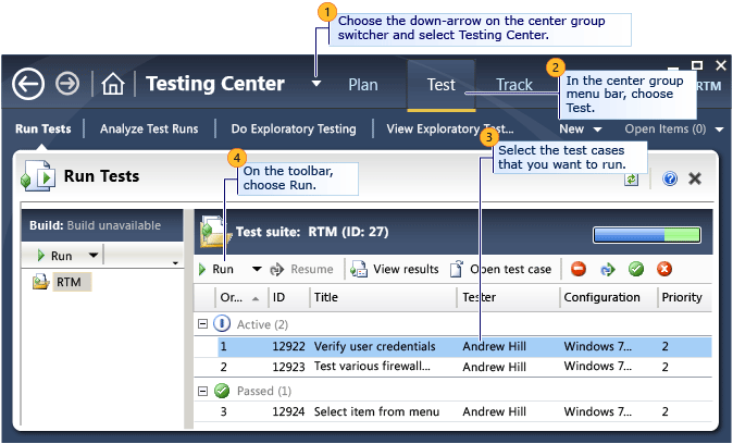 Výběr testu pro spuštění v aplikaci Microsoft Test Manager