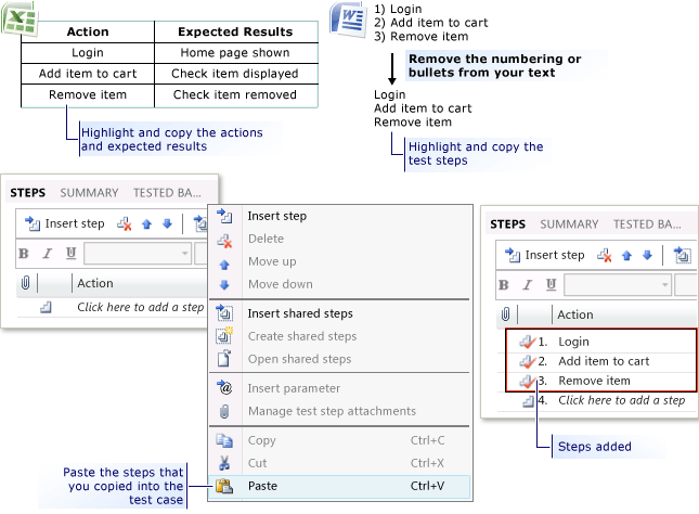 Přidat kroky testu z aplikace Microsoft Excel nebo Word