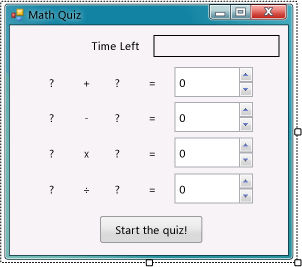 Počáteční formulář matematického kvízu