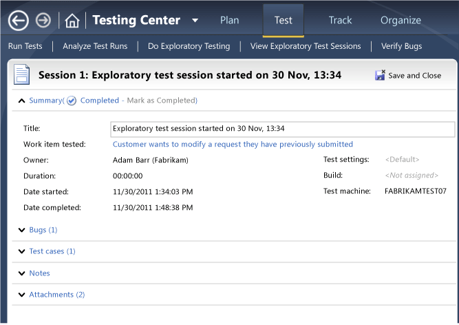 Nástroje Microsoft Test Manager - předběžný testovací relace