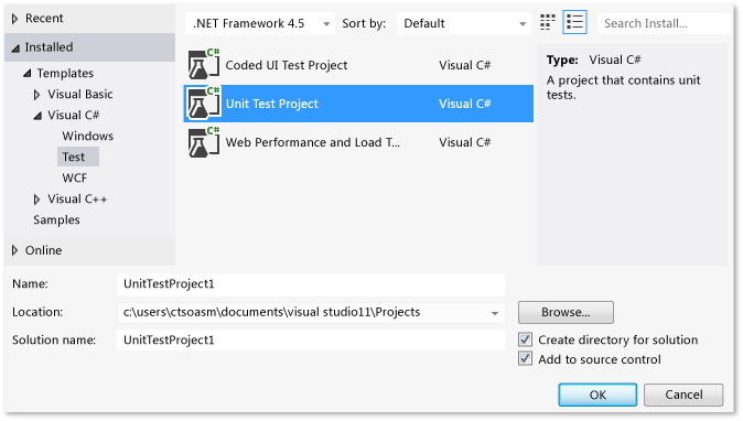 Test jednotky vybrané v dialogovém okně Nový projekt