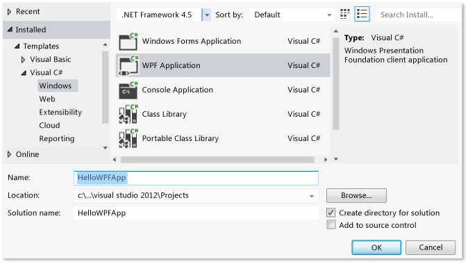 Vytvoření projektu jazyka Visual C# WPF, HelloWPFApp