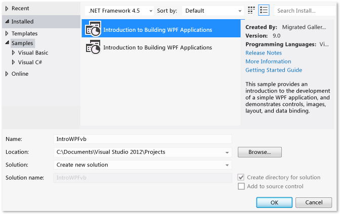 Dialogové okno Nový projekt, ukázky jazyka Visual Basic