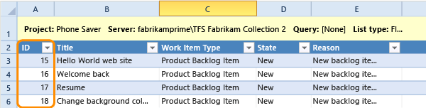 Publikované pracovní položka ID zobrazit v aplikaci Excel