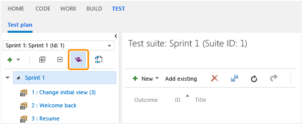 Otevřít testovací plán pomocí nástroje Microsoft Test Manager