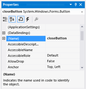 Okno Vlastnosti s názvem closeButton