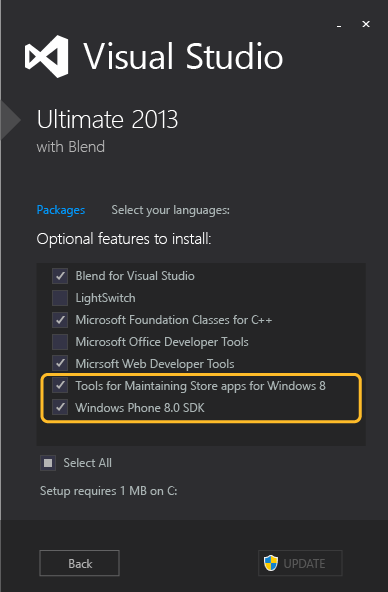 Instalace volitelných funkcí sady Visual Studio