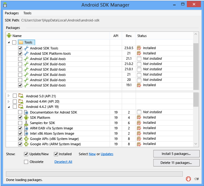 Požadované balíčky pro Android SDK