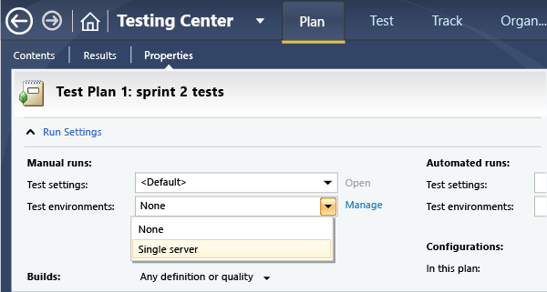 V dialogovém okně Vlastnosti testovací plán vyberte testovací prostředí.