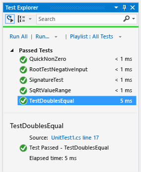 Zobrazení Průzkumníka testů částí předána test pro rovná