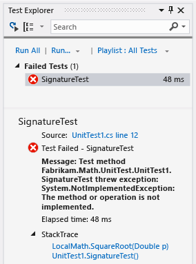 Jednotka testovat Explorer zobrazuje jeden test se nezdařila