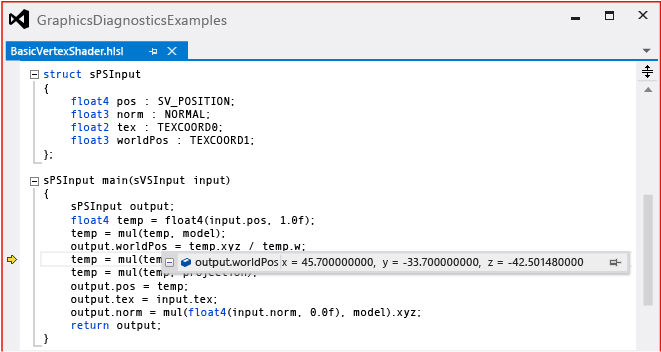 Hodnota "output.worldPos" se zobrazí rozumné