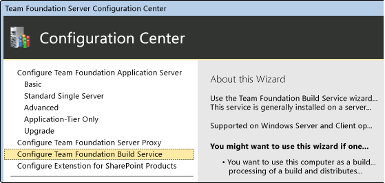 Team Foundation Server konfigurace Center.