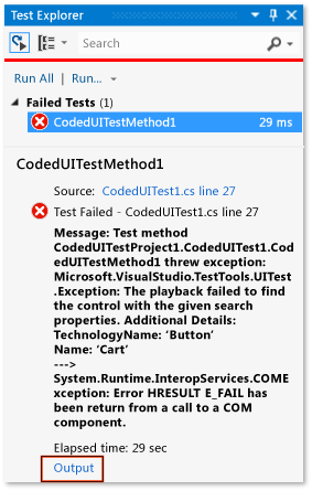 Výstup odkaz v Průzkumníku testů