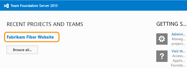Vyberte týmový projekt na domovské stránce sady TFS