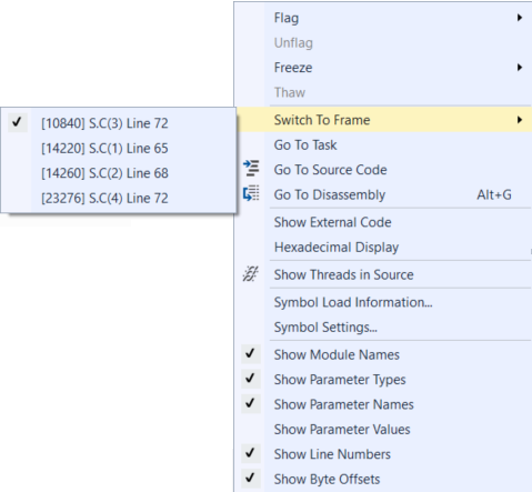 Stacks menu with 2 options on C while J is current