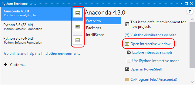 Interactive Window link in the Python Environments window
