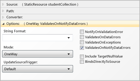 Options pane of the data binding builder