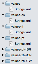 Snímek obrazovky s několika složkami hodnot, z nichž každý obsahuje soubor Strings.xml