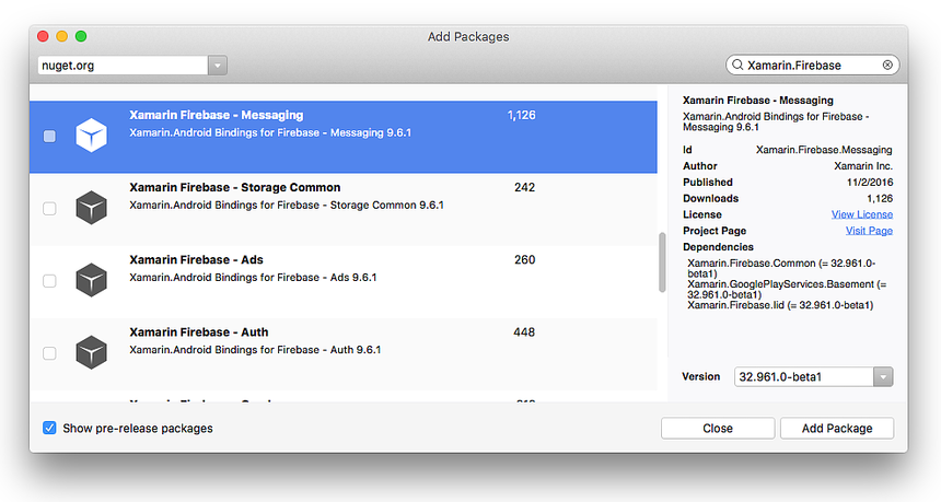 Instalace zasílání zpráv Xamarin Firebase