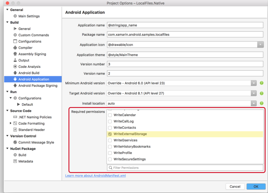 Panel řešení – Požadovaná oprávnění pro Visual Studio pro Mac