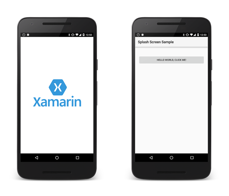 Příklad úvodní obrazovky s logem Xamarin následovanou obrazovkou aplikace