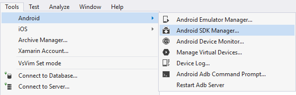 Spuštění Správce sady Android SDK v sadě Visual Studio