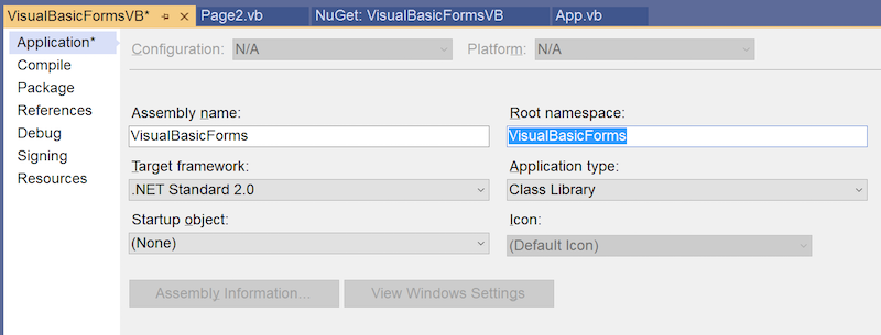 Ujistěte se, že kořenový obor názvů jazyka Visual Basic odpovídá aplikaci Xamarin.Forms.