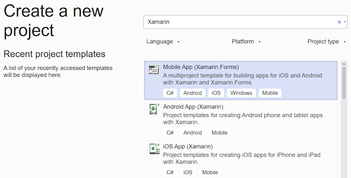 Filtrování projektů Xamarin