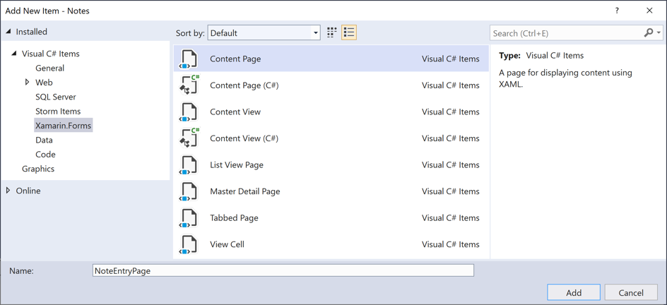 Přidat Xamarin.Forms contentPage