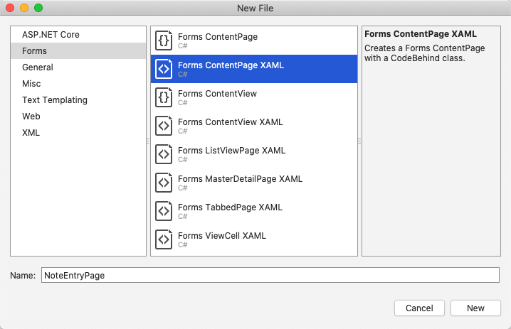 Přidat Xamarin.Forms contentPage