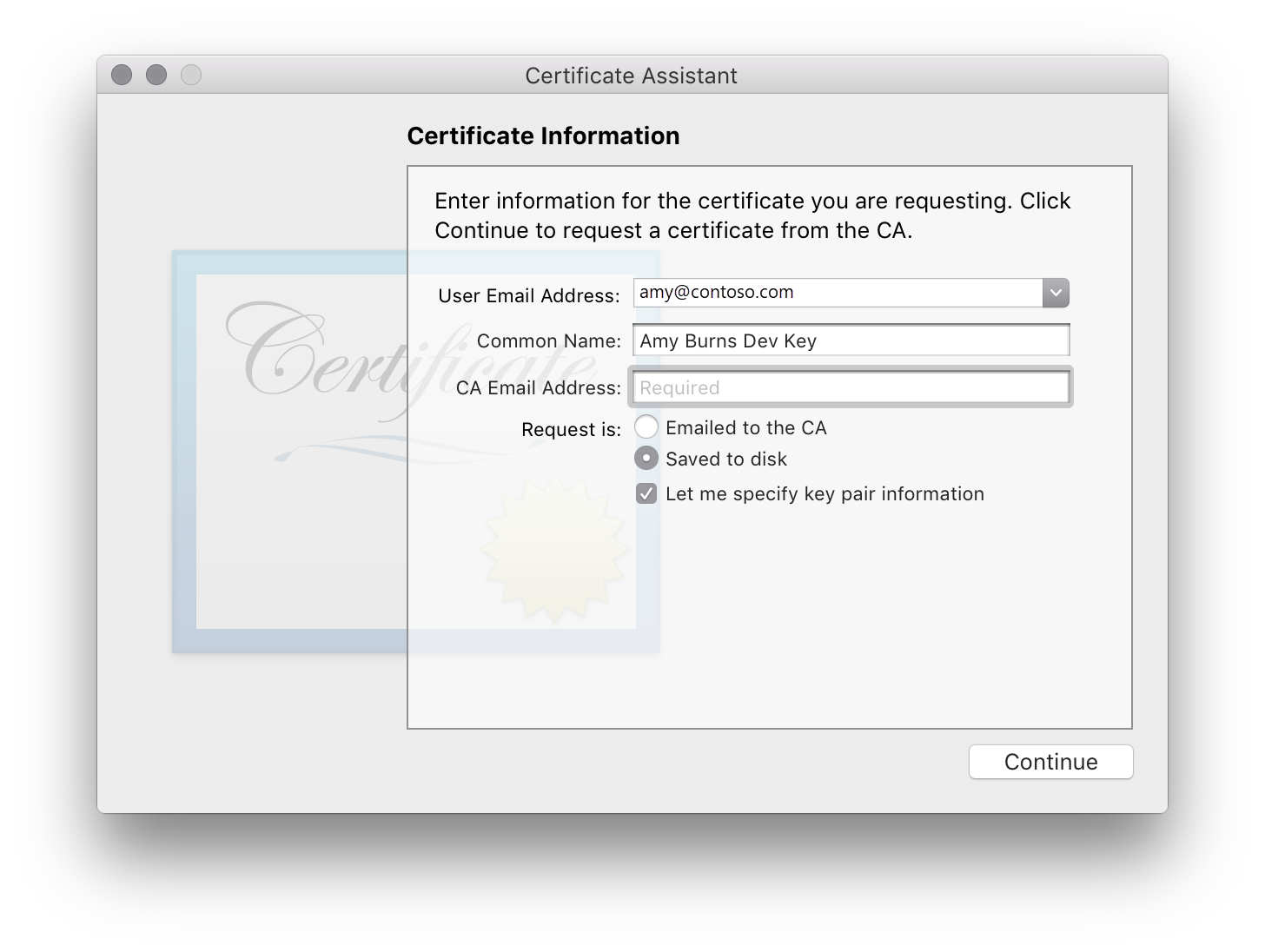 Certificate information dialog